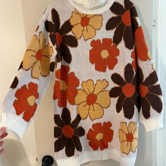 Floral Knit Sweater Dress- White, Brown, Orange - Picture 1 of 2
